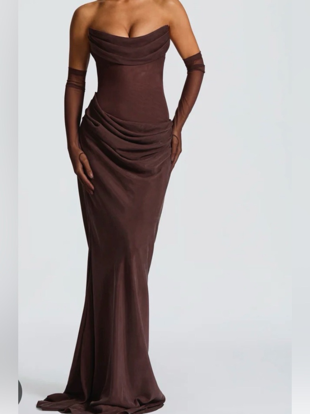 Elegant Strapless Brown Draped Maxi Dress